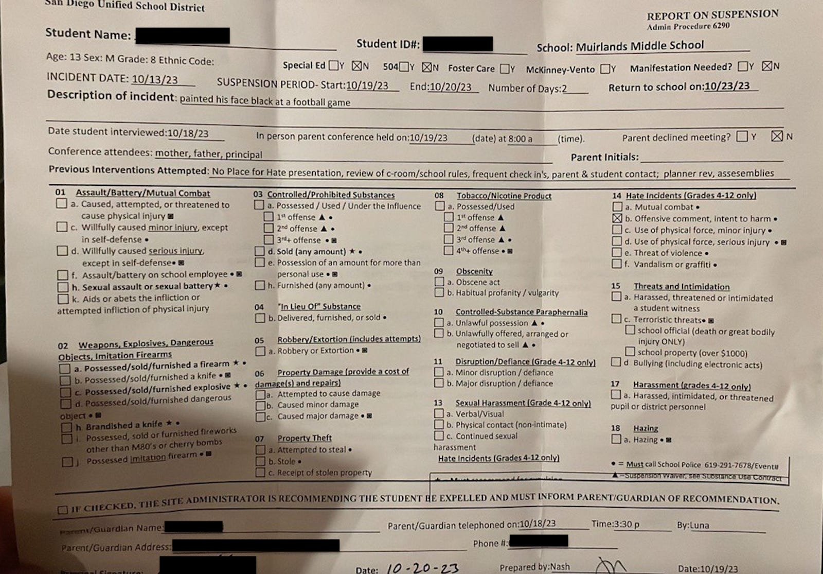 Muirlands Middle School Suspension Notice to Student JA, October 20, 2023 The Foundation for